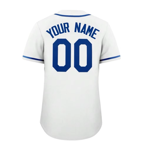 Camiseta de béisbol blanca personalizada, transpirable, de secado rápido, con botones, ribete azul, fabricante OEM ODM de marca privada - Product Image 2