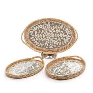 Ensemble de 2 plateaux de service en nacre avec bordures en jute et rotin Plateau de service pour pâtisserie et aliments du désert Décor de Noël et d'événements - Product Image 1