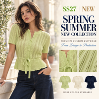 Damen Limettengrüner Pointelle-Strick Kurzarm-Cardigan mit Perlenknöpfen und Schößchen, Strickware mit individuellem Logo OEM ODM