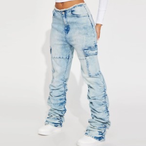 กางเกงเอวสูงสำหรับผู้หญิงกางเกงยีนส์ทรงหลวม6กระเป๋าแฟชั่นระบายอากาศได้ดีทันสมัย - Product Image 5