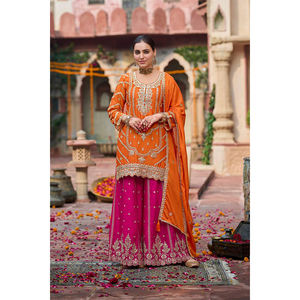 Vêtements de style indien en gros, meilleurs vêtements de fête et de festival, soie chinnon avec travail de fil et de sequins, costume Sharara à vendre - Product Image 1