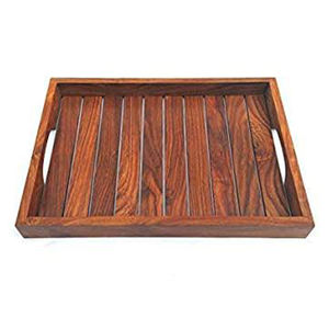 Plateau de petit déjeuner rectangulaire en bois brun, ravissant, fait à la main avec poignée en métal, grand plateau de service alimentaire avec poignées - Product Image 1