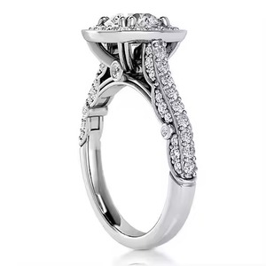 Anillo de compromiso de boda de oro blanco sólido de 14K original, conjunto de Halo, anillos finos de diamante de moissanita pavé de tres lados - Product Image 2