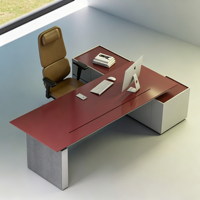 Bureau de direction moderne en forme de L avec armoire latérale et ensemble de chaises en cuir rouge, mobilier de bureau de luxe pour patron
