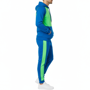 Ensemble de survêtement pour homme multicolore en gros - Sweat à capuche bicolore bleu électrique et vert lime avec pantalon de jogging à rayures latérales contrastées - Product Image 3