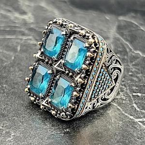 Handmade Men's Silver Large Aquamarine <b>Ring</b> Unique Square Large Gemstone <b>Ring</b> for Winter Sale <b>Turquoise</b> Aquamarine <b>Ring</b> - Product Image 3