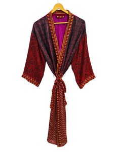 Robe de mariée Robe en soie légère pour femme Robe longue de nuit, Kimono Sari en soie recyclée vintage indienne à imprimé floral, - Product Image 2