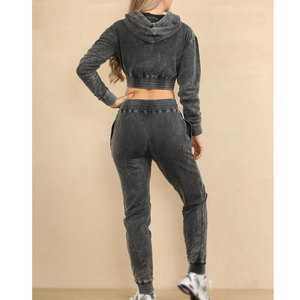 Top Trendy Women Acid Wash Jogger Suit Casual Sudadera Pantalones Set Vintage Acid Wash Women Chándal - Product Image 6
