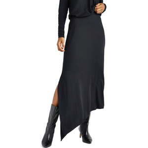 Splendida gonna maxi asimmetrica Chelsea con spacchi laterali, chic, nera, in lino con volant, materiale spandex, morbida, vita naturale, taglia grande - Product Image 1