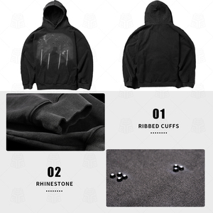 Nouveau surdimensionné 450gsm 100% coton lavé impression numérique sweat à capuche épais personnalisé diamant strass Streetwear à capuche pour hommes - Product Image 5