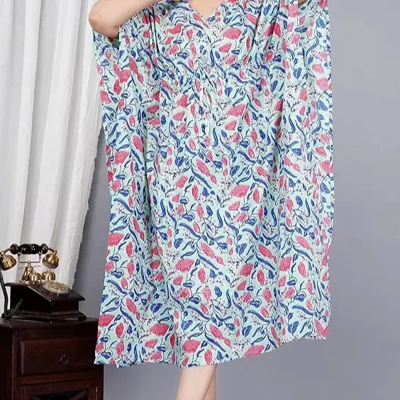 100% Baumwolle Frauen Handmade Kaftan Kleid Blumen bedruckte Strand kleidung Frauen Nacht kleid Sommerkleid ung Kaftan