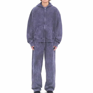 Wholesale 2 Piece Set Sports Polyester Vintage Acid Wash Track Suit Men <b>Slim</b> Fit Tracksuits Zip up Hoodie and Trouser - Product Image 1