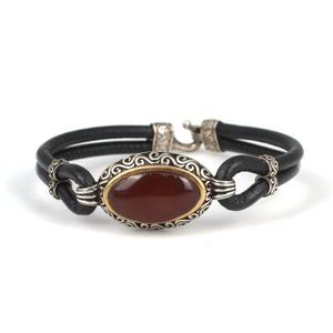 925 Sterling Silver Fine Charm Leather <b>Bracelet</b> with Elegant Oval Agate Stone - Product Image 1