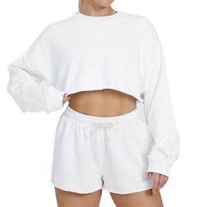 Sweat-shirt à manches longues pour femmes 100% coton col rond court pull de sport avec doublure - Product Image 4