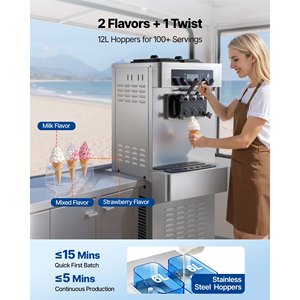 Machine à glace commerciale VEVOR 2200W, 3 saveurs, autonome, pour glace molle, 2 x 6L, production 20-28L/H, état d'occasion - Product Image 5