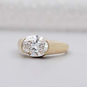 East West IGI Certified Diamond <b>Ring</b> Oval Engagement Half Bezel Set Solitaire with <b>Thick</b> Band - Product Image 2