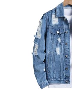 Veste en jean délavée bleu clair pour homme, déchirée, boutonnée, décontractée, streetwear, veste en jean de camionneur pour homme - Product Image 2