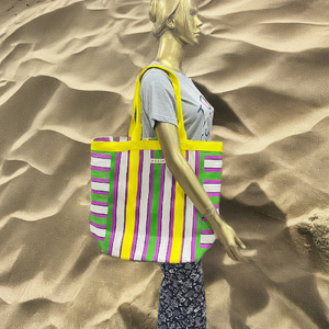 Bolsa de compras de nailon ecológica a rayas personalizada, bolsas de aseo cosméticas con cremallera reutilizables, bolsa de viaje tejida para la playa, etiqueta con el logotipo - Product Image 3