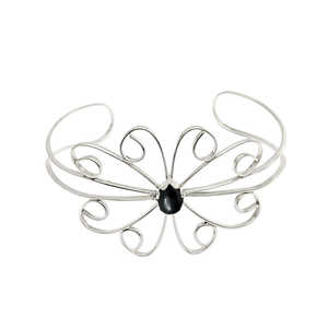 กำไลข้อมือลายดอกไม้มาพร้อมกับอัญมณีสีดำทำด้วยมือกำไลข้อมืออัญมณีธรรมชาติ925เครื่องประดับเงินสเตอร์ลิง - Product Image 4