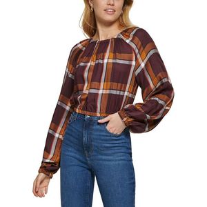 Top da Donna DKNY a Maniche Lunghe con Stampa Scozzese e Ricami Floreali, Stile Y2K Formale, in Tessuto Raso Chiffon Lavorato a Maglia, Taglia Grande (XL) - Product Image 1