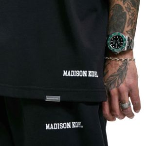 Maglietta oversize collegiale maglia nera 300 GSM di cotone di peso medio rilassata vestibilità con scollo a costola a tracolla Vintage atletica leggera - Product Image 3