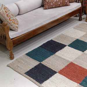 Tapis tissé à la main en jute naturel 100% motif multi-carreaux pour décor de salon et tapis de prière fait main - Product Image 1