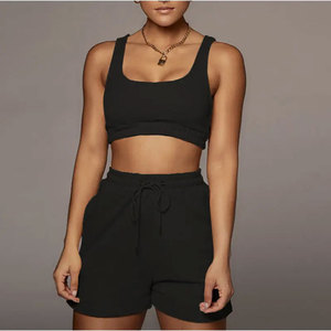 Soutien-gorge décontracté de couleur unie pour femmes-Combinaison de sport à cordon court-Noir - Product Image 1