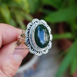 Anillo de Plata de Ley 925 con Jade Verde, Anillo Boho Hecho a Mano con Gema Ovalada Natural, Anillo de Promesa, Joyería con Piedra de Nacimiento de Marzo - Product Image 2