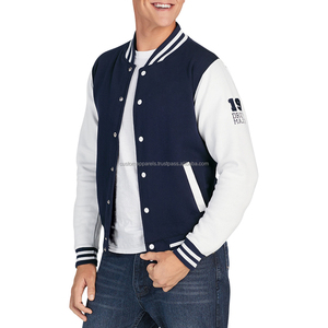 Vente en gros Veste universitaire rétro bleu marine pour hommes, manches en cuir blanc, patchs de broderie en chenille personnalisés, col montant, logo avant - Product Image 1