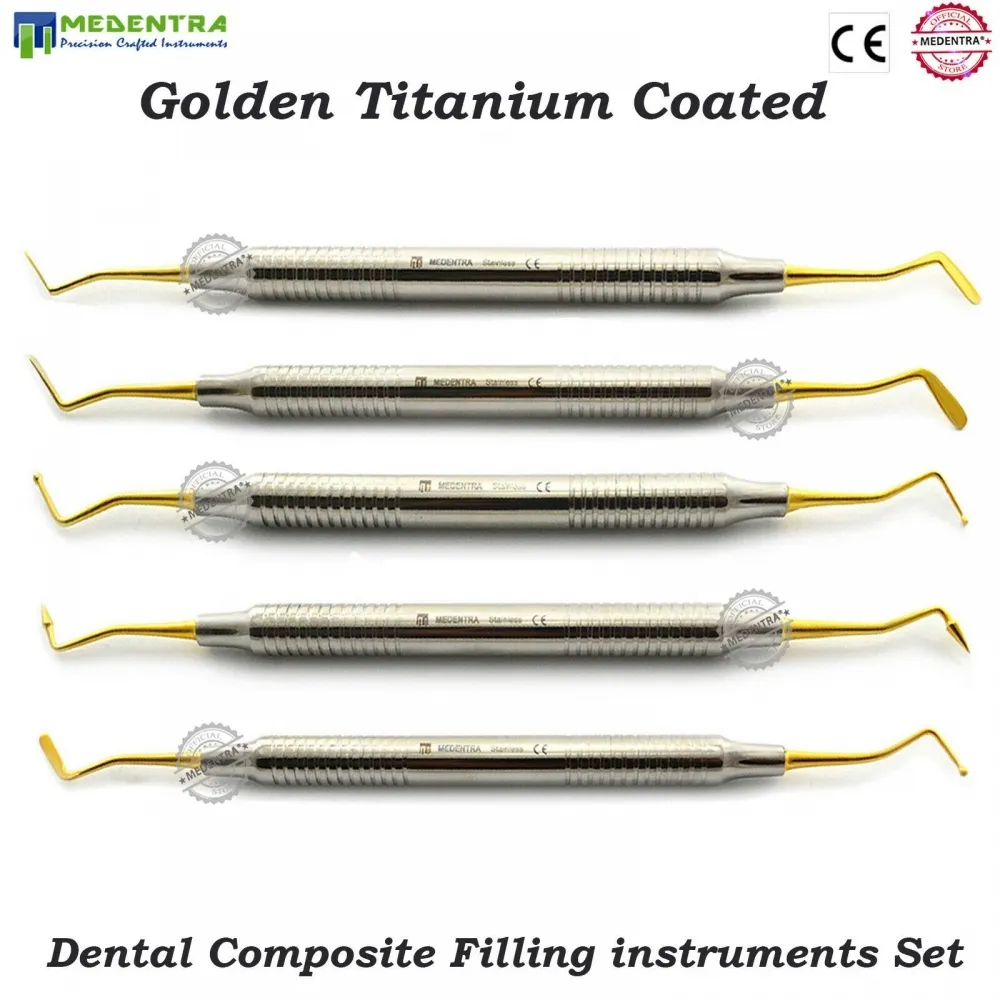 Instrumentos de colocación de llenado compuesto Dental, puntas chapadas en oro de titanio, juego de instrumentos de llenado restaurativos de acero inoxidable, 5 uds.