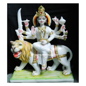 Sculpture de la déesse Sherowali Mata en marbre blanc, d'une beauté unique, de qualité export, en position assise sur un lion, pour la maison et le temple. - Product Image 1