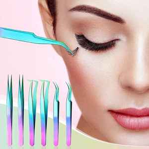 Ensemble de pinces à cils enduites multicolores avec bouts droits incurvés et pointus Kit de pinces à épiler pour cils - Product Image 5