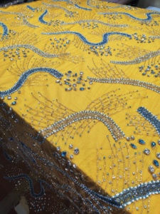 Tissu en filet de cristal jaune royal brodé à la main avec des broderies en zari et des strass, tissu de broderie élégant pour la couture et l'artisanat - Product Image 1