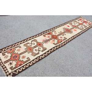 Alfombra turca Kilim Vintage de 29x128 pies, marrón, Beige, diseño de retales, Material de lana, respaldo de látex, técnica de tejido plano para dormitorio - Product Image 2