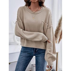 Tricoté goutte épaule femmes sweat coton pull décontracté O cou écologique respirant hauts hiver Streetwear - Product Image 6
