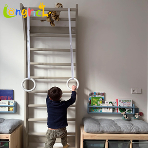 Escalera sueca de madera para montar en la pared, para niños y adultos, barra de escalada para gimnasio interior con anillas, equipo de fitness para el hogar para uso familiar - Product Image 2