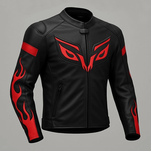 Chaqueta de moto de cuero negro genuino con diseño rojo general Chaqueta de moto de cuero de pista protegida blindada CE para hombres - Product Image 1