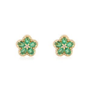 Alto grado sólido 14K oro amarillo diseño único Esmeralda y Diamante flor Stud pendientes declaración boda joyería proveedor - Product Image 1