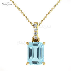 Compre Ahora un Colgante de Aguamarina con Corte Esmeralda de 7x5 mm, Colgante Delicado de Oro Amarillo Puro de 14k con Diamantes, Joyería Fina para Ocasiones Especiales - Product Image 1