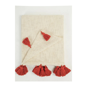 Beige <b>Knitted</b> <b>Throw</b> Blanket with Red Tassels Geometric Pattern Bohemian Style Rectangular Home Decor All Season Wool Acrylic Mix - Product Image 2