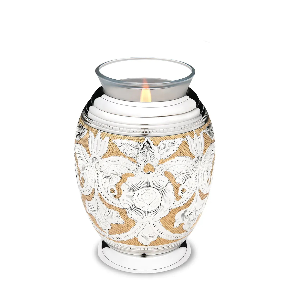 Monarch Jali Tealight Urn visualizza lo splendido splendore di questa urna imperiale è inciso e impreziosito da oro e argento