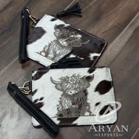 Dompet gelang kulit sapi dengan rumbai dan tali yang dapat dilepas, dompet gelang kulit sapi dengan motif bunga