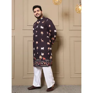 Amanush <b>Men's</b> Black Animal Print Long <b>Kurta</b> With Border Design Full Sleeve Mandarin Collar Casual Summer Wear Regular Fit - Product Image 3