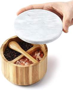 Ensemble de 2 bols à sucre et à sel de cuisine avec couvercles en bois Ustensiles de cuisine en marbre massif de créateur de taille personnalisée de la meilleure qualité - Product Image 6