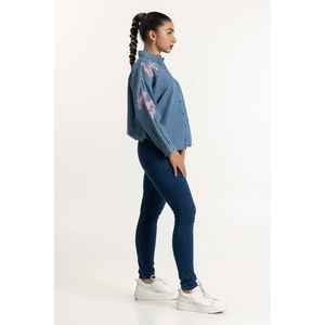 กางเกงยีนส์เดนิมสีน้ำเงินเข้มทรงสกินนี่สำหรับผู้หญิง รุ่น 224-221-007 เอวสูง ทรงตรงปานกลาง ทรงหลวม ไซส์พลัส XL แบบฟอกสี - Product Image 1