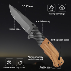 Cuchillo plegable personalizable de nuevo diseño con mango de madera de Olivo de aluminio para acampar pesca OEM compatible con cantidad a granel - Product Image 4