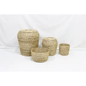High Quality Hand Woven Natural Set of 4 Round Water Hyacinth Trunks Laundry Basket Customized Storage Basket