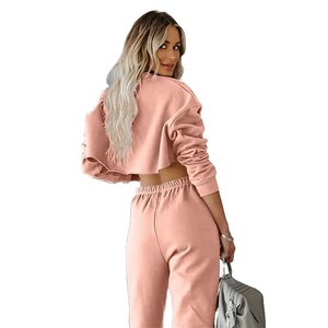 Conjunto de ropa informal de 2 piezas para mujer, Top corto con logotipo personalizado, sudadera y pantalones para correr, ropa deportiva transpirable de algodón 100% - Product Image 2