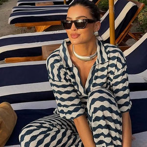 Completo maglione a righe bianche e blu con scollo a V da donna <span class=keywords><strong>ARDOR</strong></span> S pantaloni Slim, abbigliamento Casual primavera/estate 2025 - Product Image 1