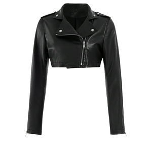 Nouvelle veste en cuir à fourrure de renard pour femme, noire, zippée, style tissé fin, courte - Product Image 1